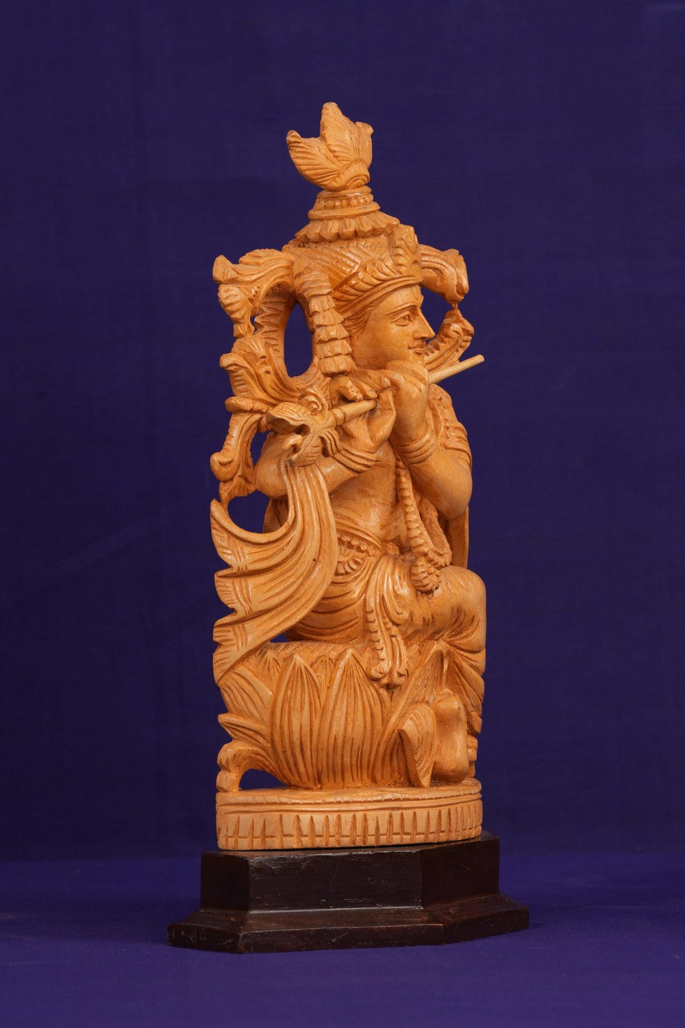 Image of Wooden Lord Krishna Sitting Sculpture